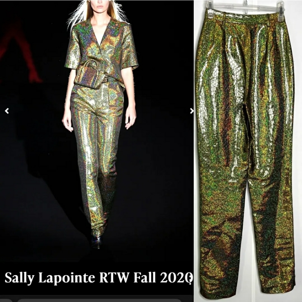 Sally Lapointe Womens Trouser Pant Metallic Gold Crocodile Jacquard High Waist 0